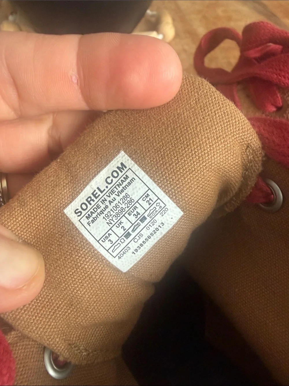 Sorel Tan Suede Ankle Boots with Red Laces